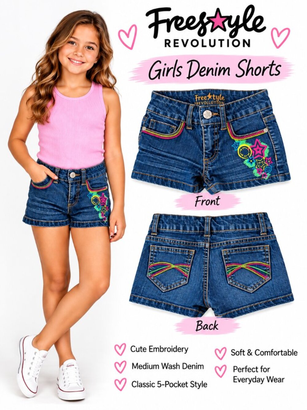 Freestyle Revolution Girls Shorts Size 4 Colorful Embroidered Medium Wash Demin